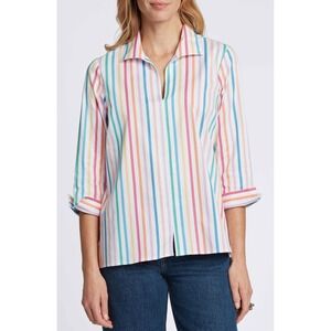Ali Miles Rainbow Striped Blouse Medium Multicolor Pastel Colorful Office Bright